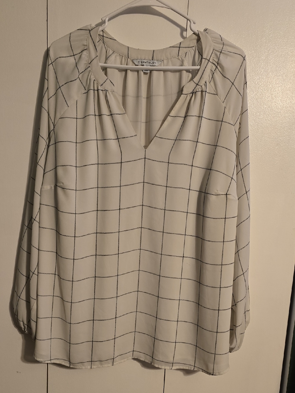 41 Hawthorne White Blouse with Black Windowpane Grid